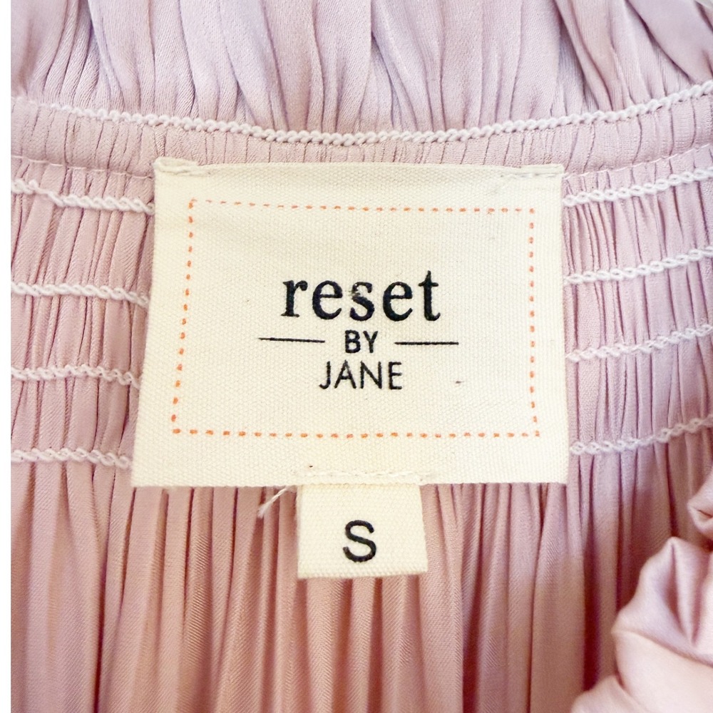 Reset by Jane Pink Satin Jamie Ruffle Mini Dress with Smocked Waist Small - Picture 7 of 11